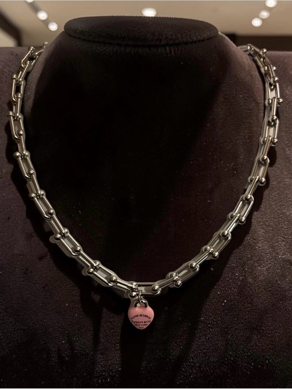 New Silver-Tone Chain Link Necklace with Pink Heart Charm